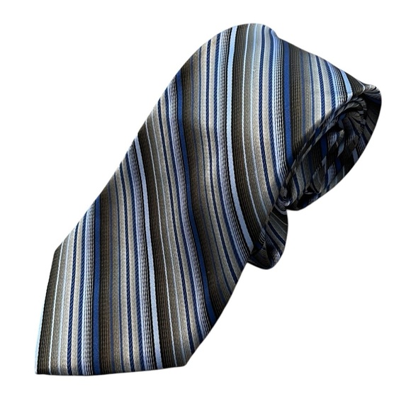 Burma Bibas Men’s Tie Blue Black Gray Stripes 100% Silk Shiny - Picture 1 of 5